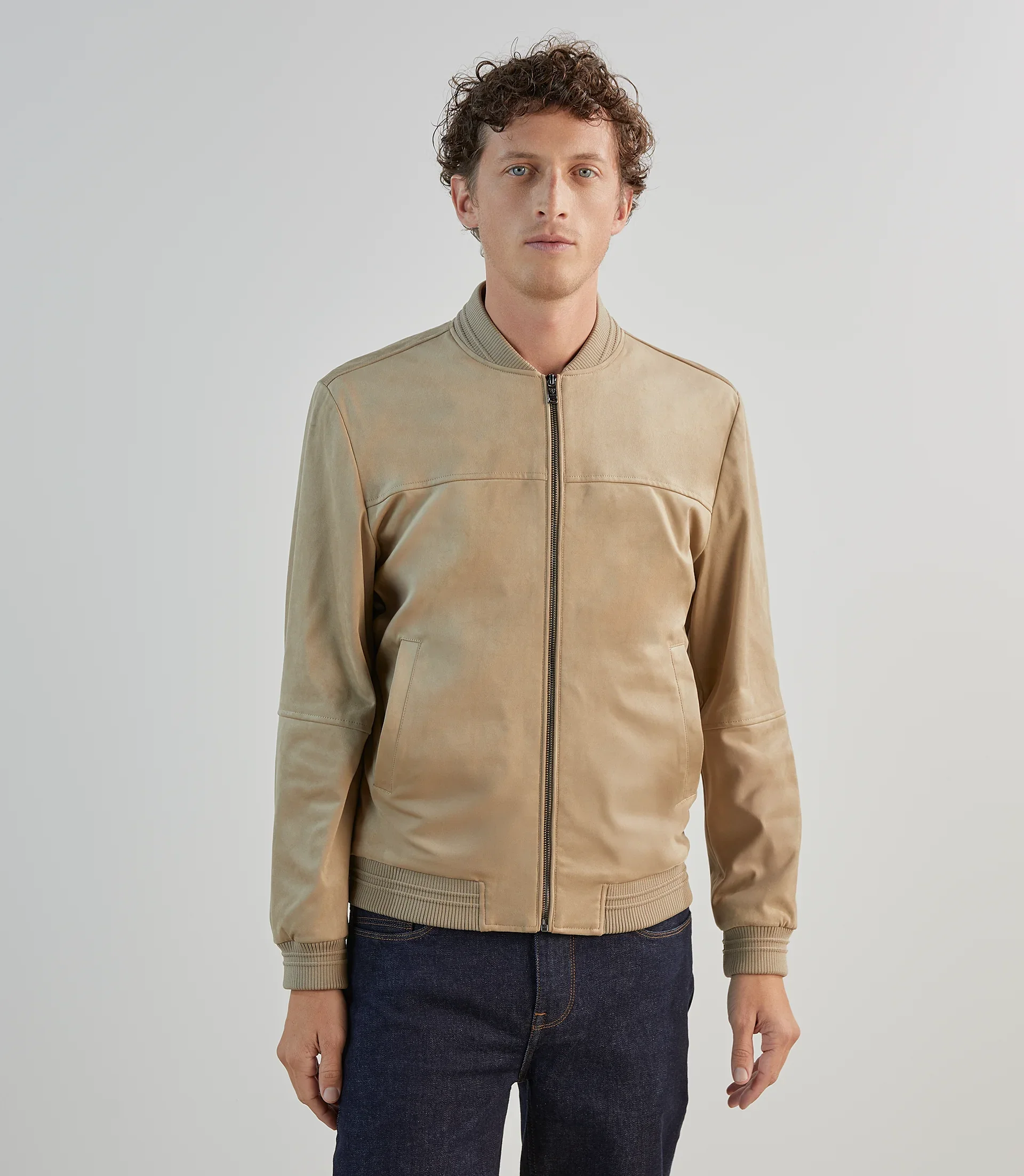 Blouson col teddy en suède beige