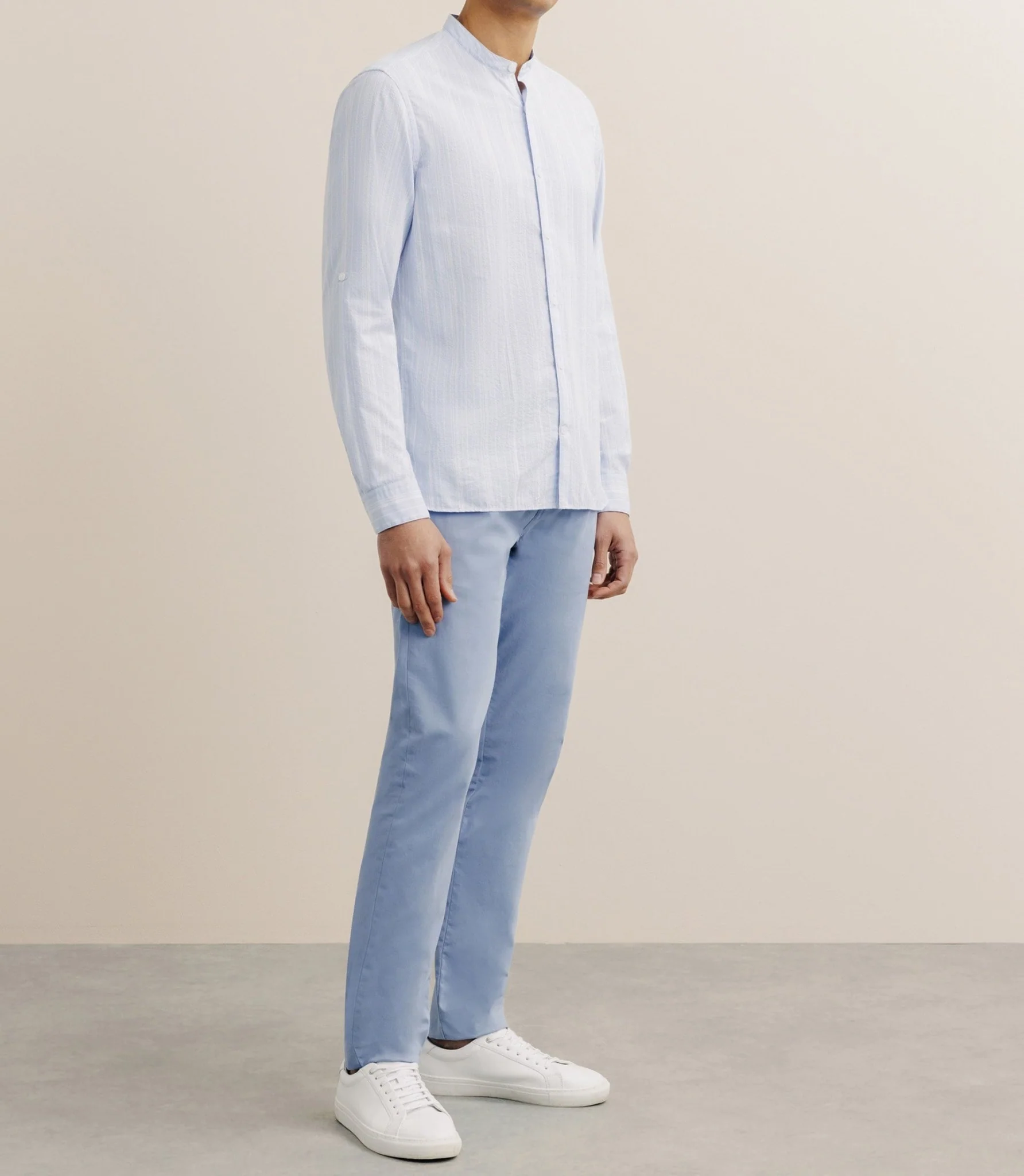 Chemise rayée col mao 100% coton ciel - Image 3