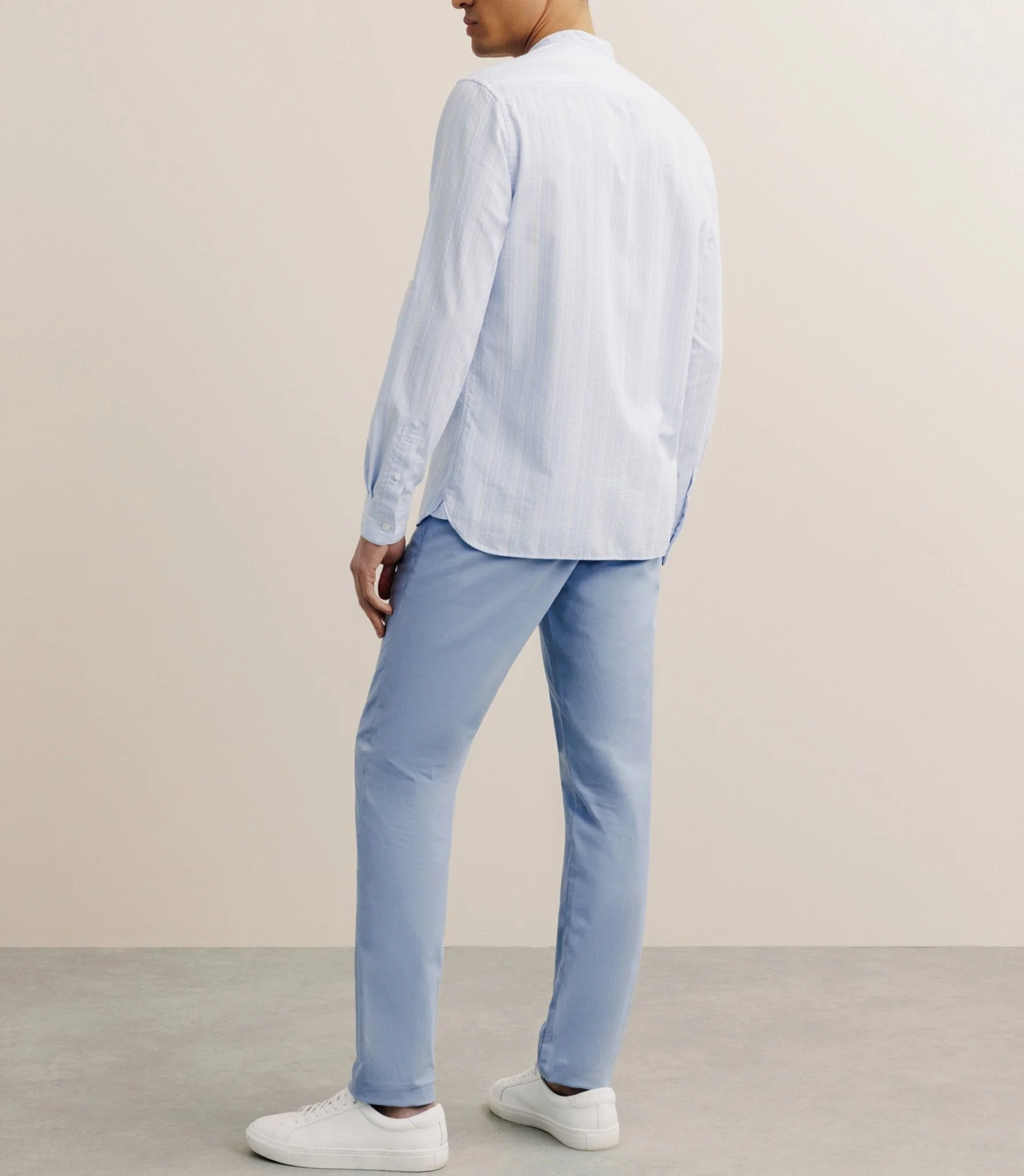 Chemise rayée col mao 100% coton ciel - Image 4