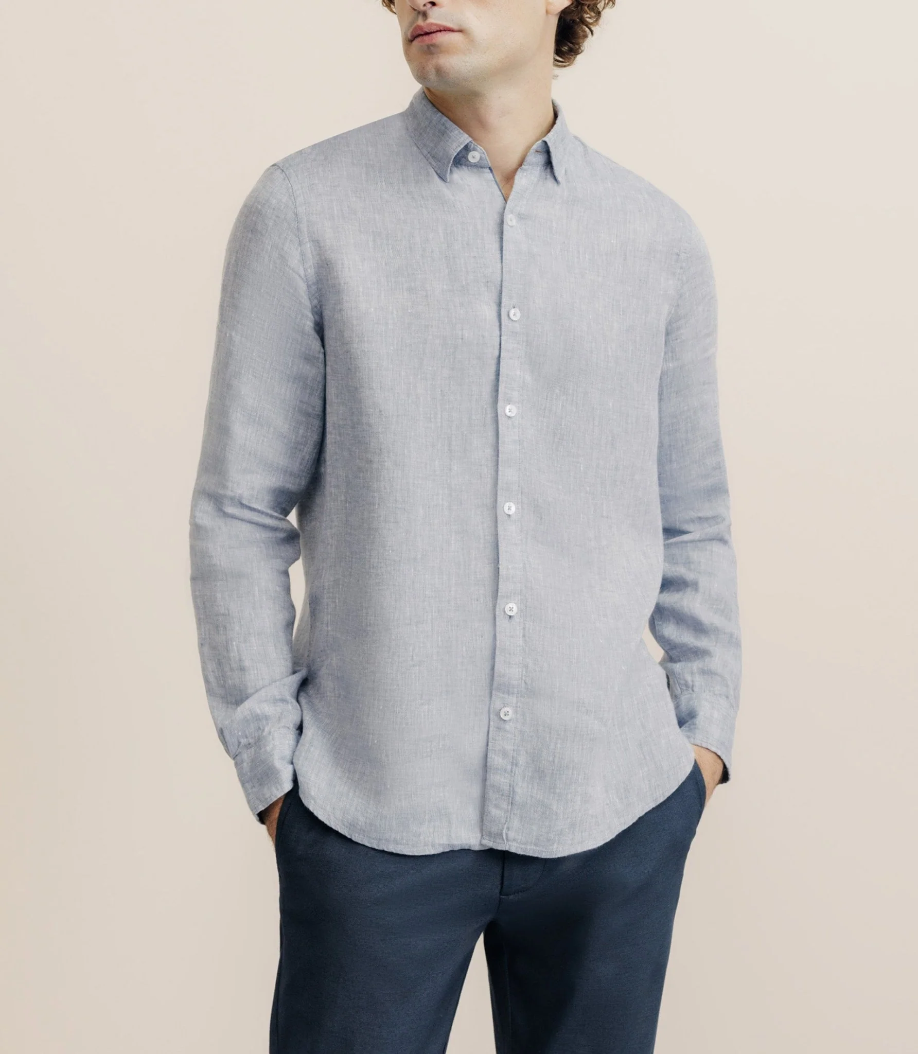 Chemise casual 100% lin bleu denim