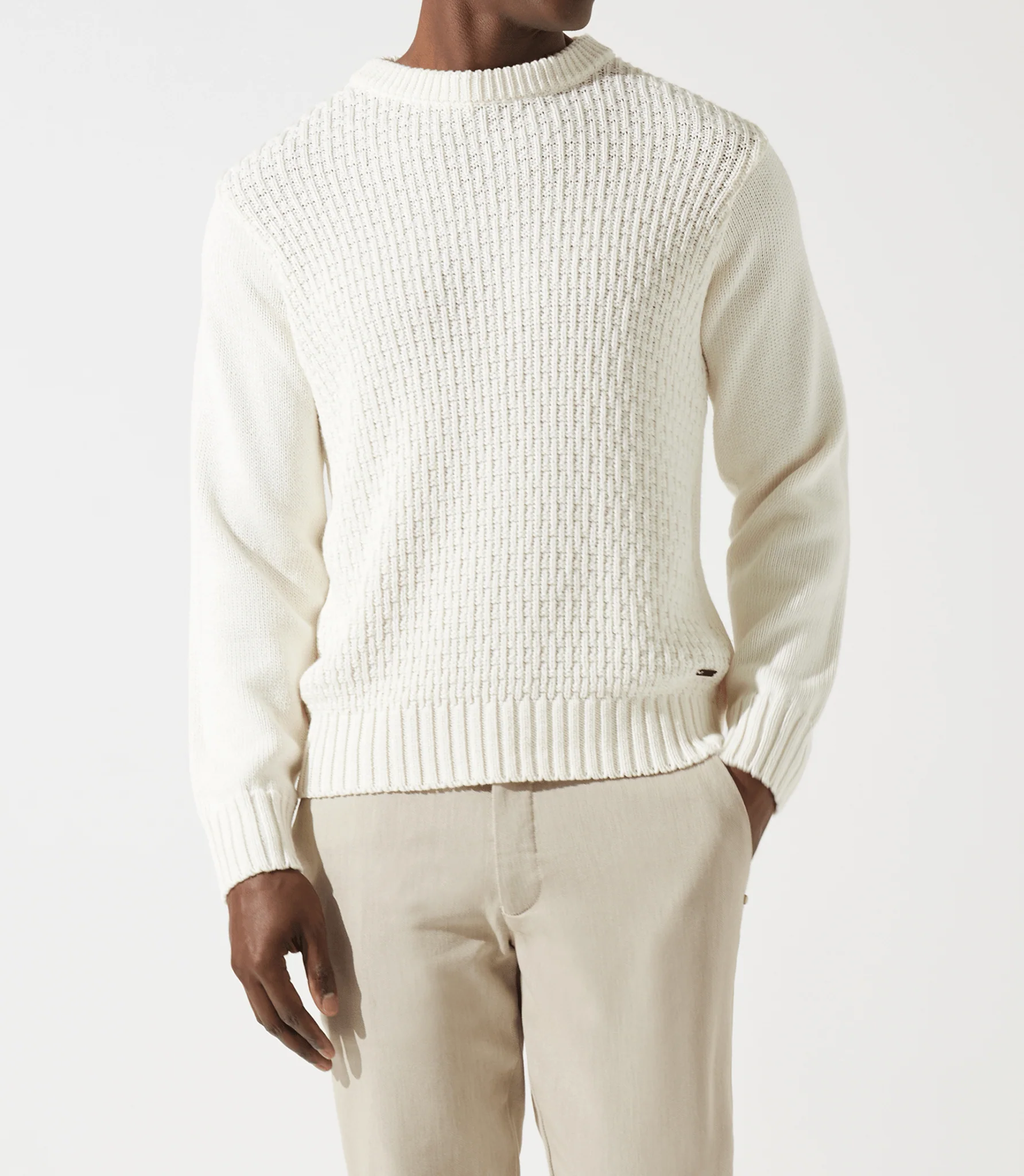 Pull col rond rayé écru