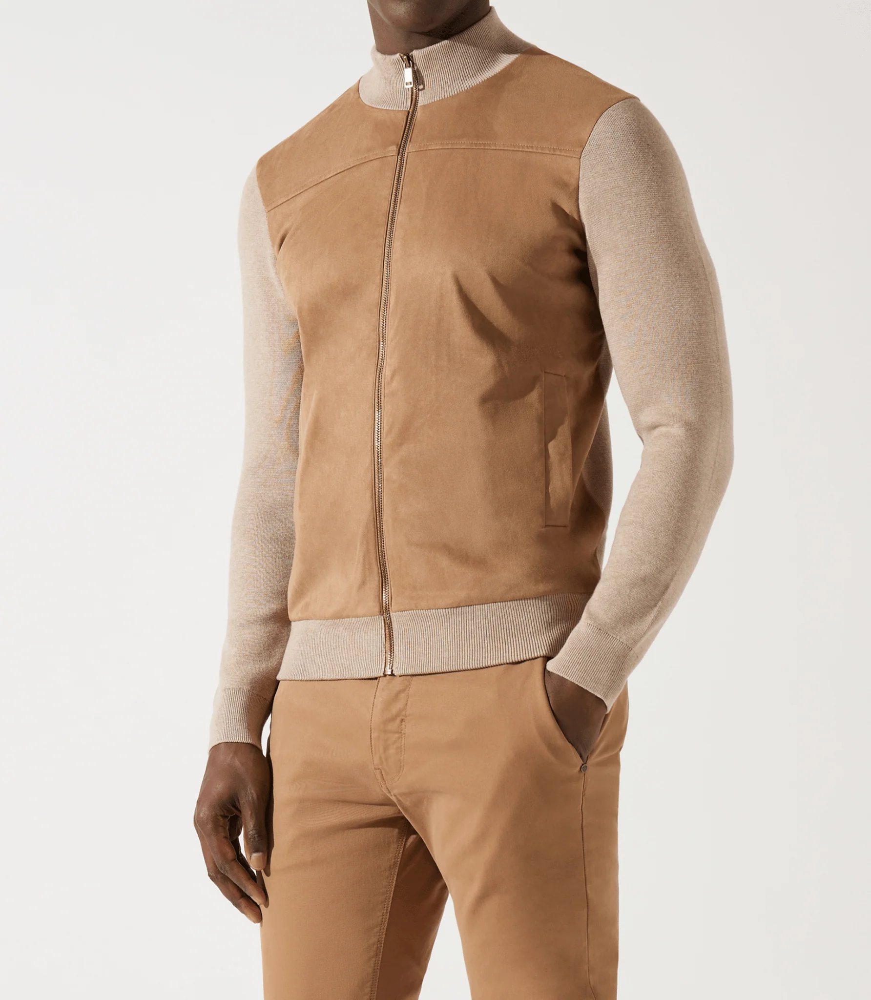 Gilet zippé col rond mix matière beige - Image 2