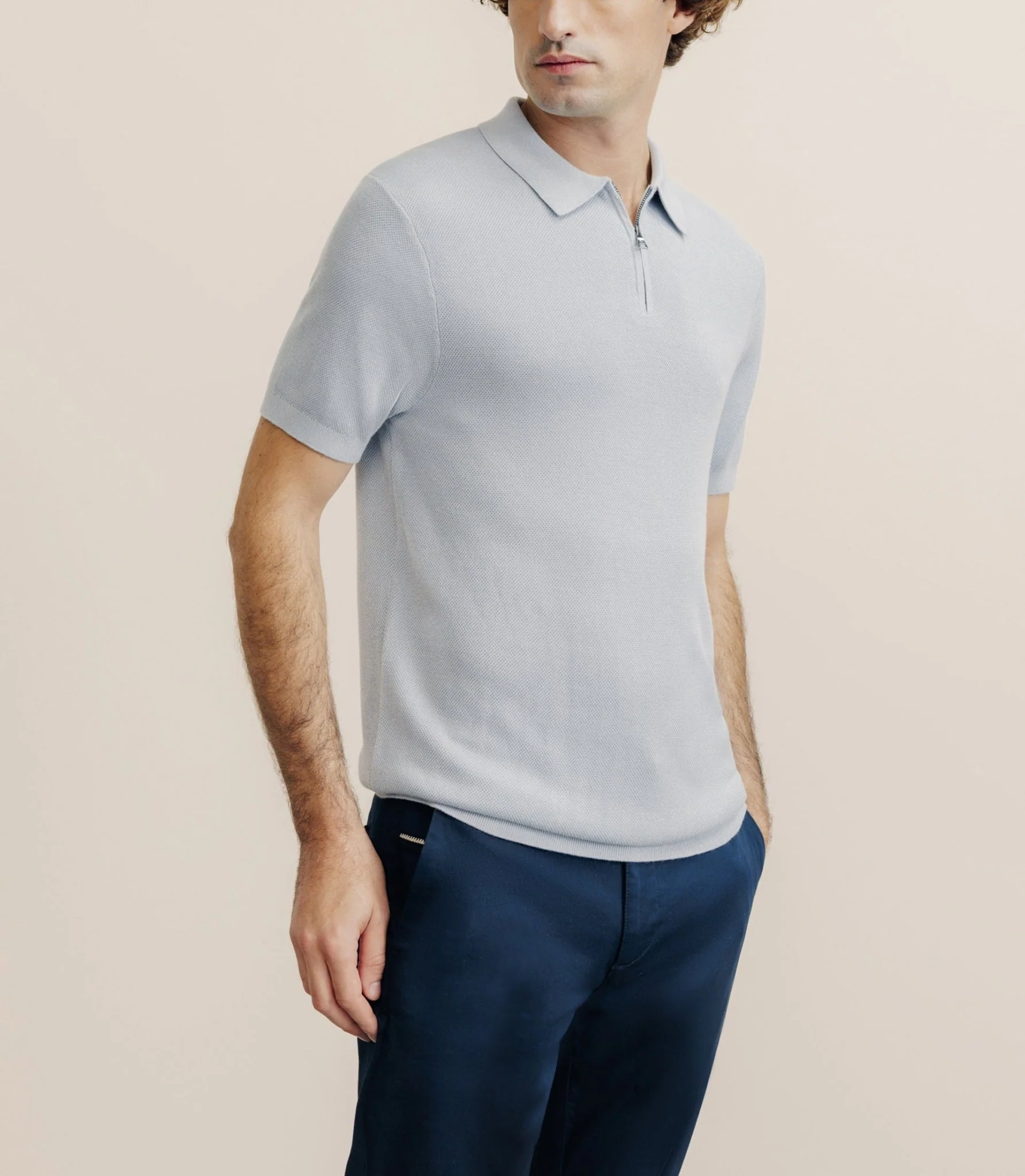 Polo col zip gris bleu