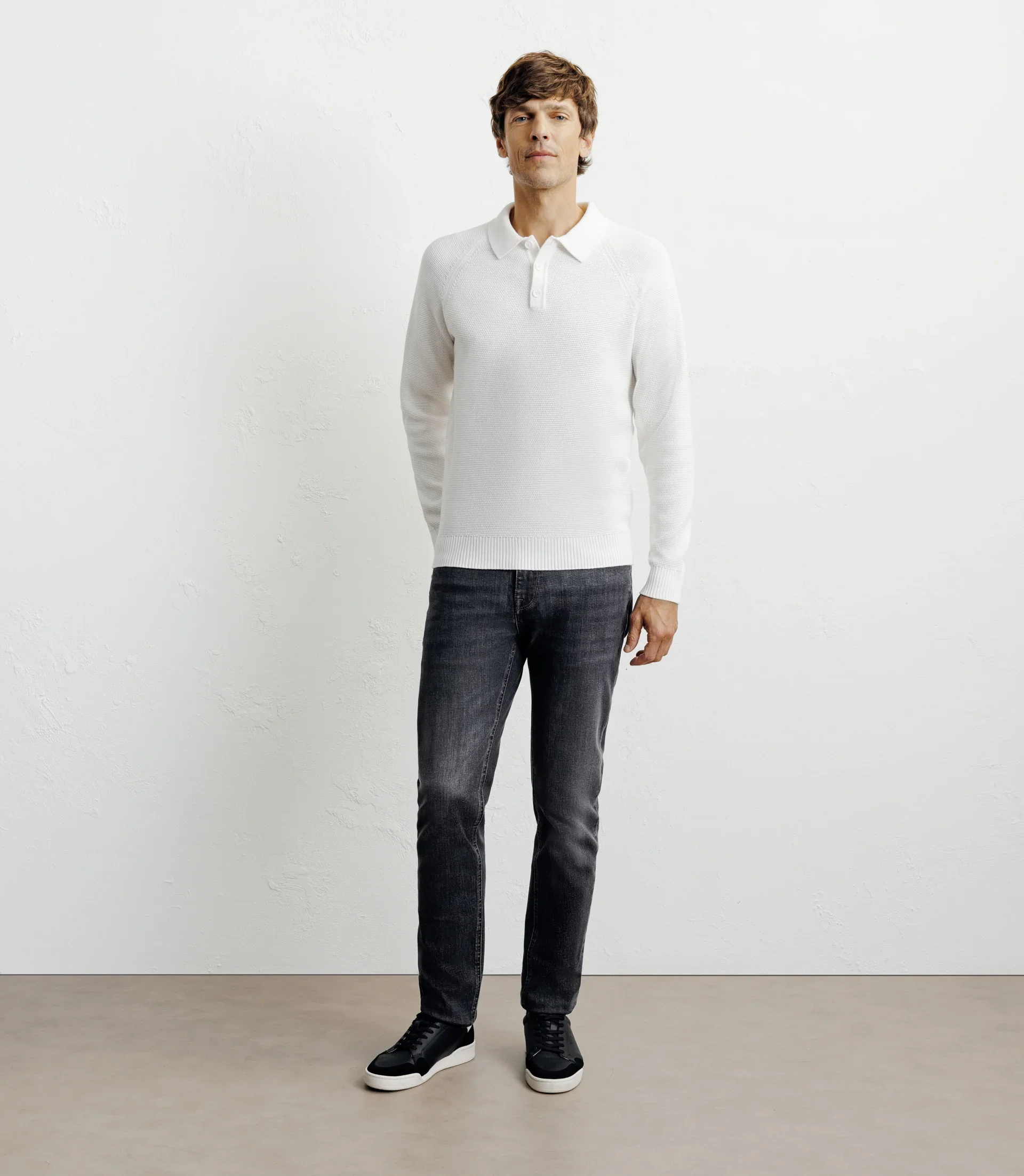 Pull col polo boutonné jeux de points écru - Image 3