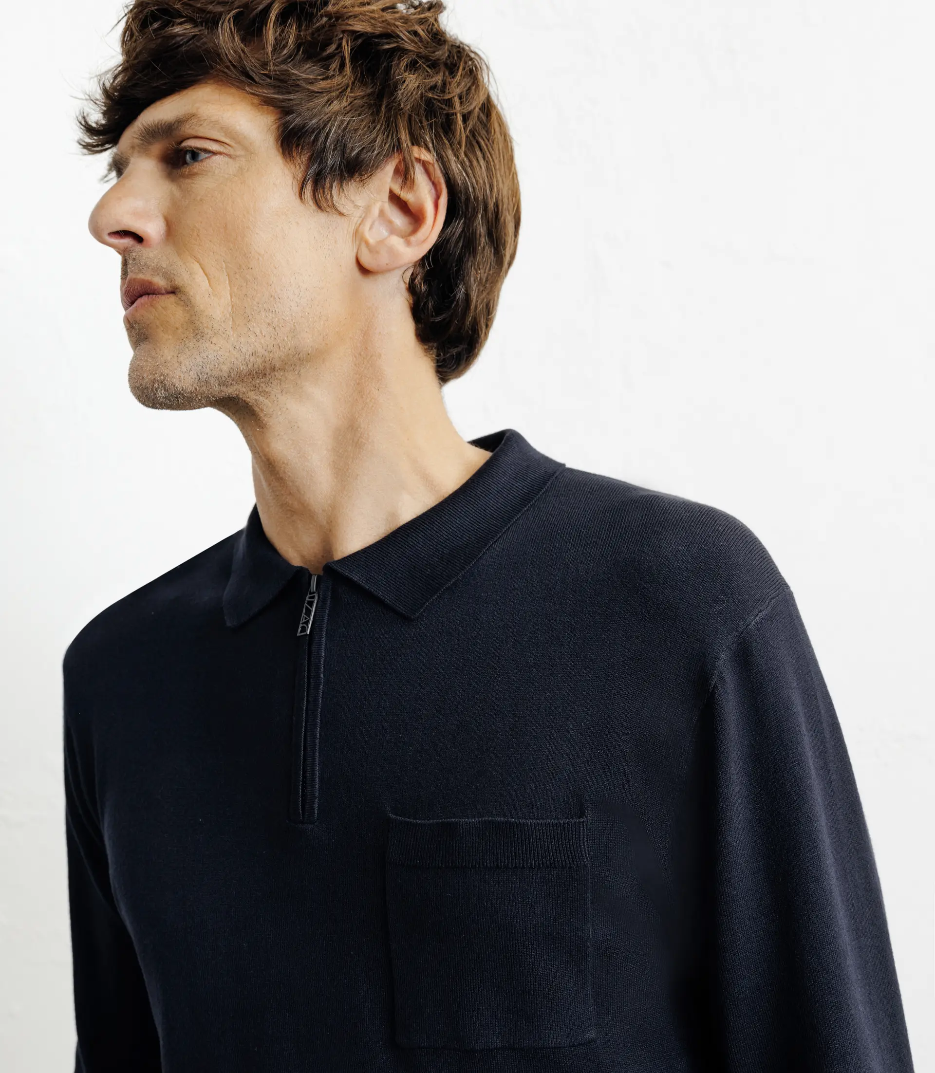 Pull col polo zippé en maille fine marine - Image 2