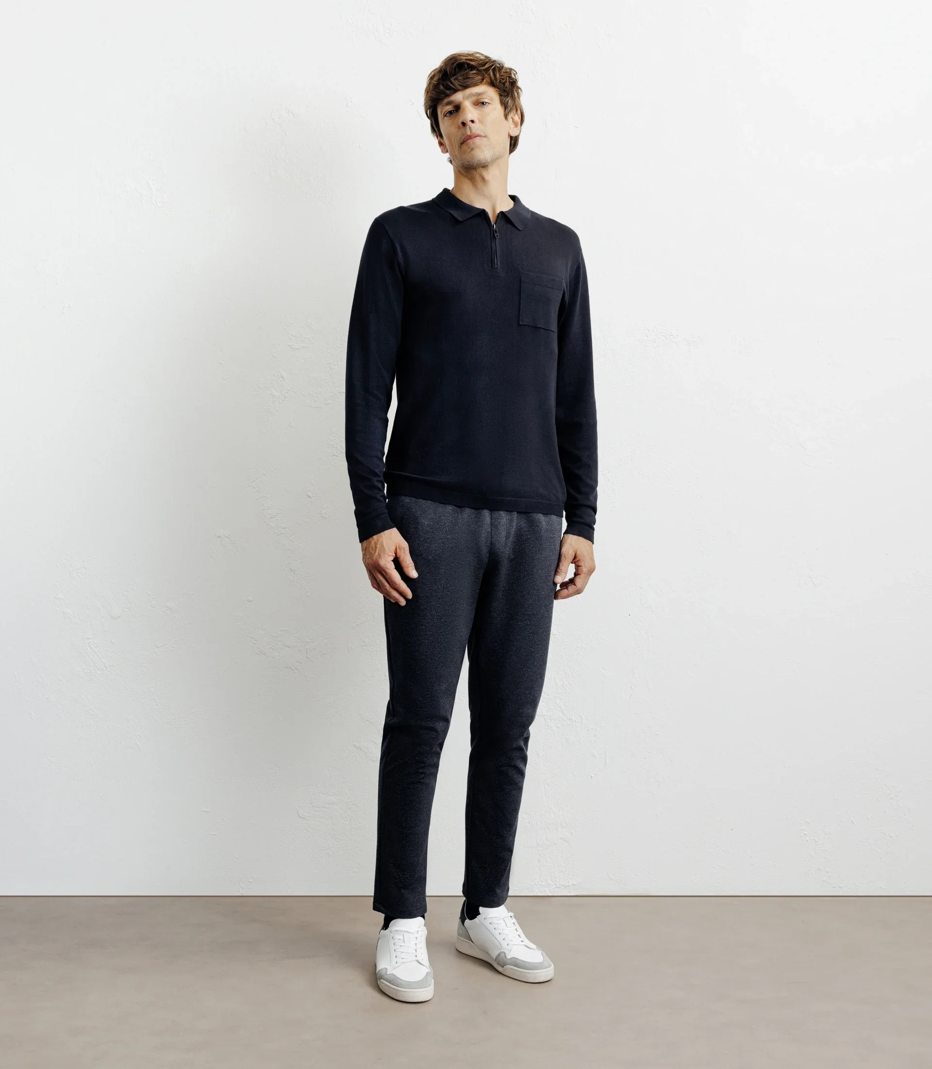 Pull col polo zippé en maille fine marine - Image 3