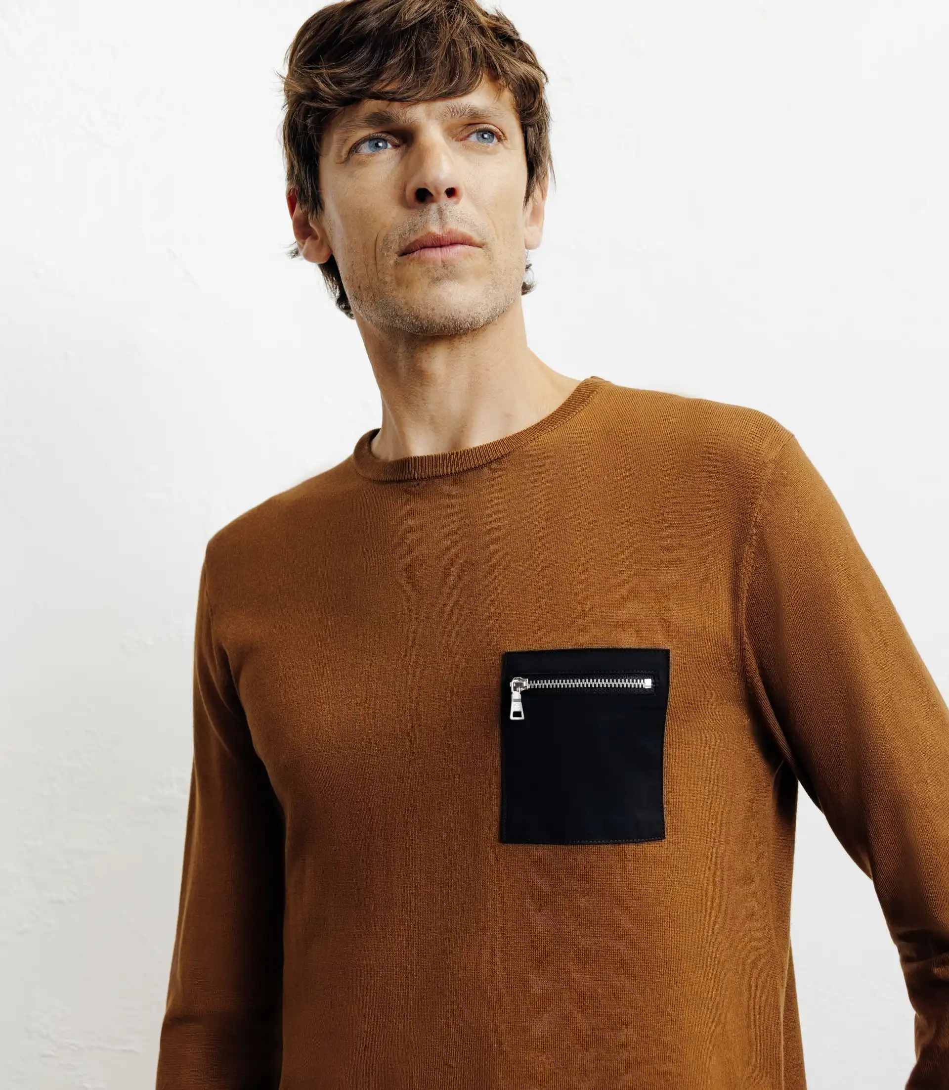 Pull manches longues col rond en maille bronze